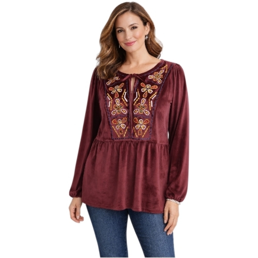 Bobeau NWT Burgundy Velvet Embroidered Peasant Boho Top Size Large
